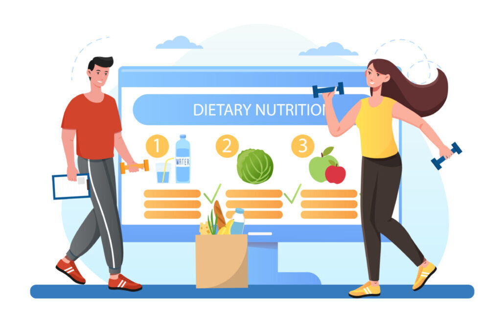 남성과 여성이 각각 아령을 들고 있으며, 배경에는 'DIETARY NUTRITION'이라는 문구와 물, 채소, 과일 등 건강한 식품이 그려진 대형 화면이 있다. 화면 아래에는 식료품이 담긴 종이봉투가 있다.