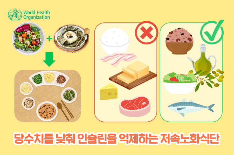 세계보건기구(WHO) 로고와 함께, 샐러드와 한식 반찬이 조합된 식단, 흰쌀밥·버터·치즈·고기 등은 X 표시, 잡곡밥·올리브유·샐러드·생선 등은 체크 표시로 구분되어 있다. 하단에는 '당수치를 낮춰 인슐린을 억제하는 저속노화식단'이라는 문구가 있다.