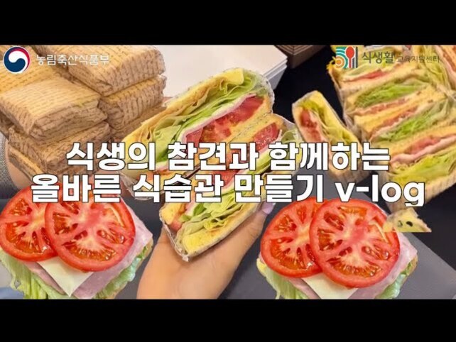 여러 개의 샌드위치와 토마토, 양상추, 햄, 치즈 등이 들어간 샌드위치를 손에 들고 있는 모습. 상단에는 '식생의 참견과 함께하는 올바른 식습관 만들기 v-log'라는 문구가 적혀 있다.