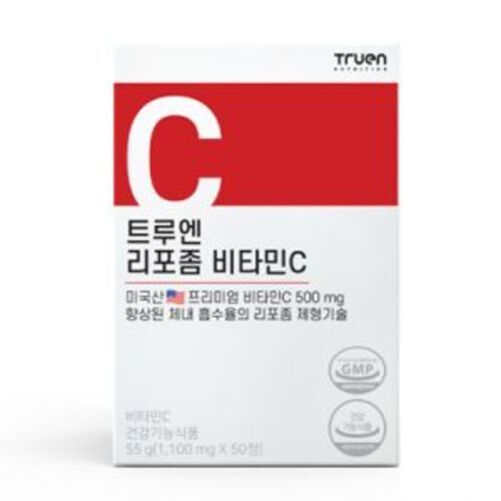 트루엔 리포좀 비타민C 제품 박스. 상단에 큰 빨간색 C와 함께 제품명, 프리미엄 비타민C 500mg, 리포좀 제형 기술 등이 적혀 있음.