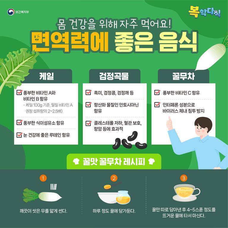 면역력에 좋은 음식으로 케일, 검정곡물(흑미, 검정콩, 검정깨 등), 꿀무차를 소개하는 인포그래픽. 각 식품의 영양소와 효능이 설명되어 있으며, 꿀무차 레시피(무를 얇게 썰어 꿀에 담근 후 뜨거운 물에 타서 마시는 방법)도 안내되어 있다.