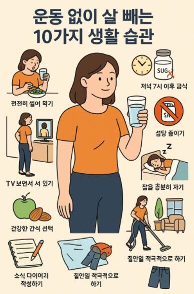 운동 없이 살 빼는 10가지 생활 습관을 설명하는 일러스트로, 물 마시기, 천천히 씹어 먹기, TV 보면서 서 있기, 건강한 간식 선택, 소식 다이어리 작성하기, 저녁 7시 이후 금식, 설탕 줄이기, 잠을 충분히 자기, 집안일 적극적으로 하기, 집안일 작게 쪼개서 하기 등의 방법이 그림과 함께 소개되어 있다.