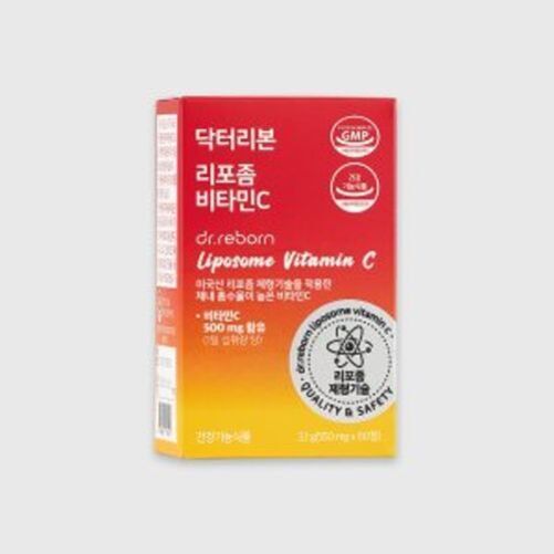 닥터리본 리포좀 비타민C 제품 상자. 빨간색과 노란색 그라데이션 배경에 제품명과 주요 성분, 품질 인증 마크가 인쇄되어 있다.