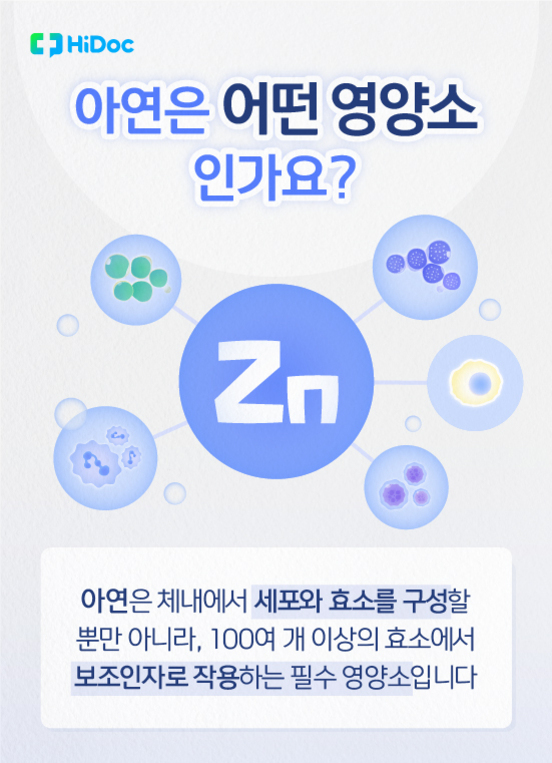 '아연은 어떤 영양소인가요?'라는 제목과 함께 아연(Zn)의 역할에 대해 설명하는 이미지. 아연이 세포와 효소를 구성하고, 100여 개 이상의 효소에서 보조인자로 작용하는 필수 영양소임을 강조하고 있다. 주변에 세포와 효소를 상징하는 그림이 배치되어 있다.