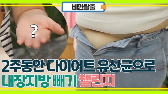 청바지 단추를 풀고 배를 드러낸 사람과 손을 내민 사람의 사진, '2주동안 다이어트 유산균으로 내장지방 빼기 챌린지'라는 문구가 있음